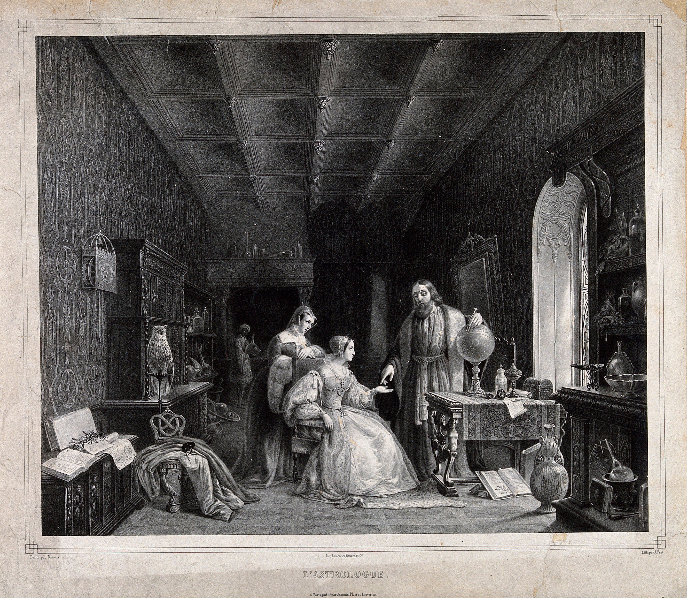 Nineteenth-century illustration of an astrologer consulting a seated woman beside a celestial globe
