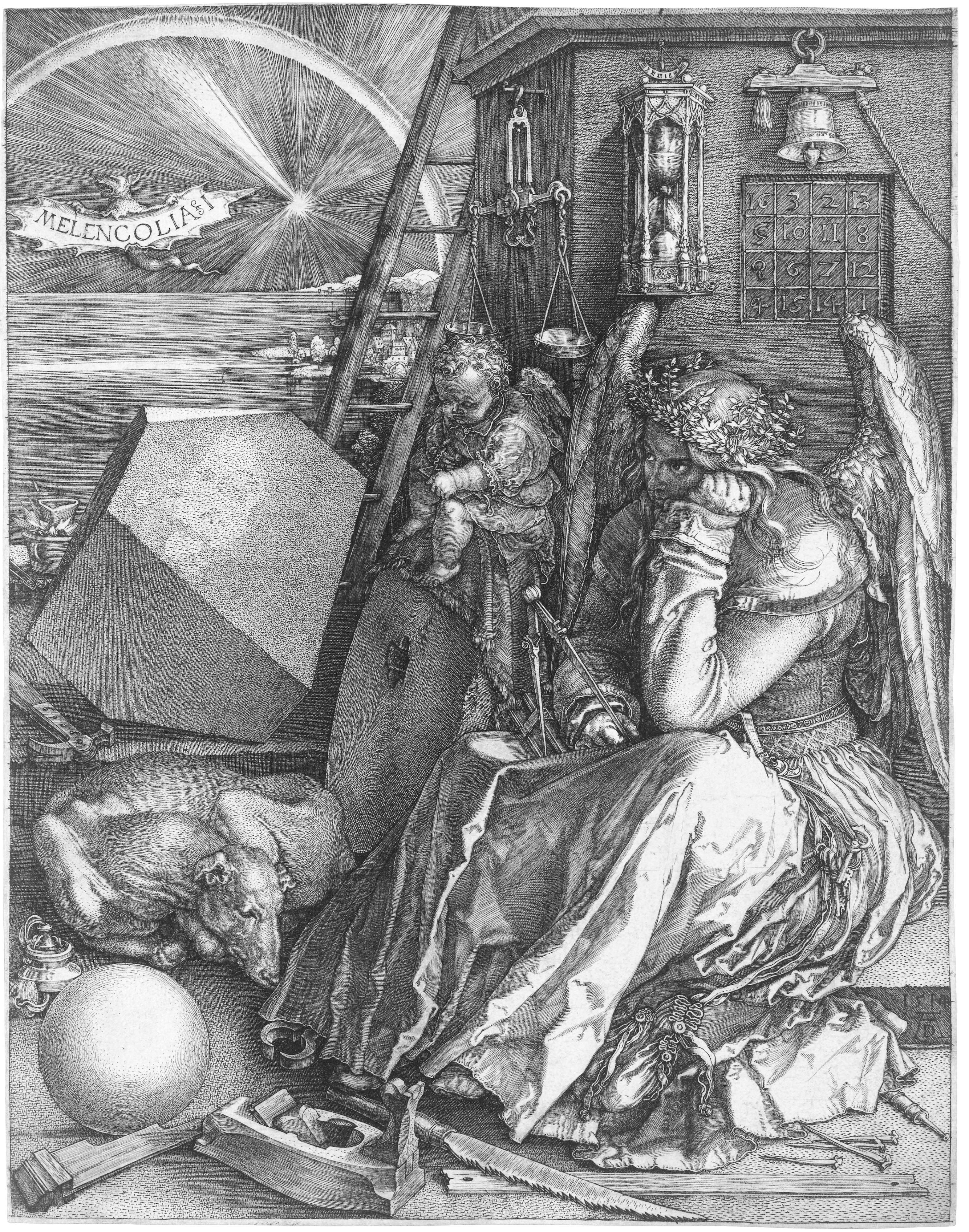 Durer's Melencolia I, with a winged figure surrounded by celestial and measuring instruments