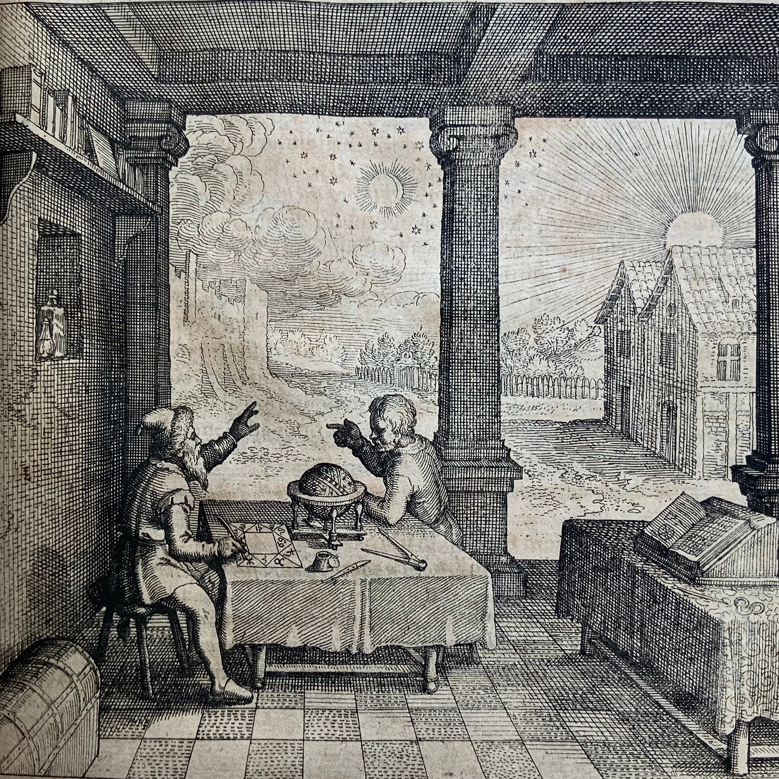 Historic engraving of two astrologers comparing celestial signs in an observatory