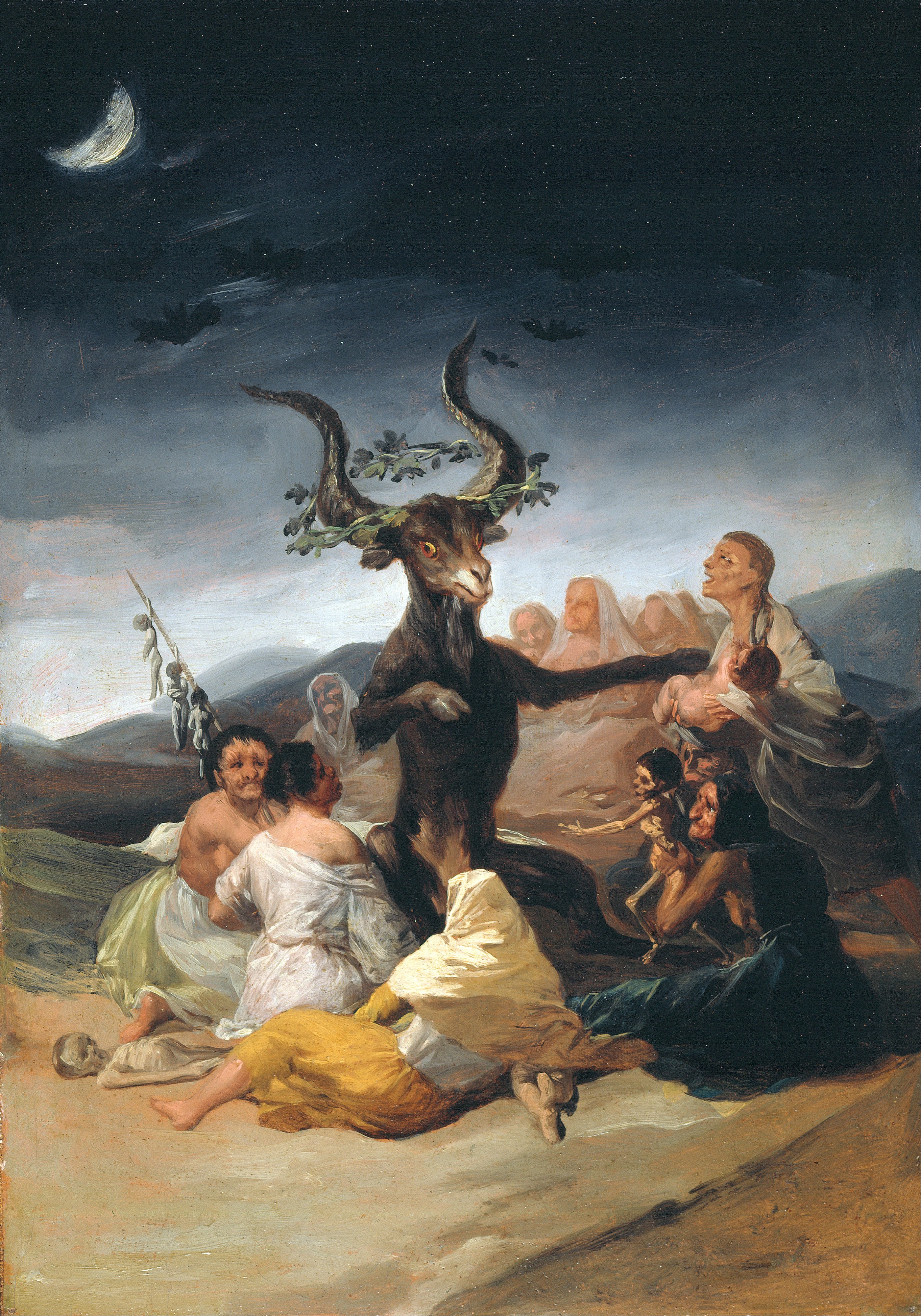 Goya's Witches' Sabbath, with a horned goat presiding over a gathering beneath a crescent moon