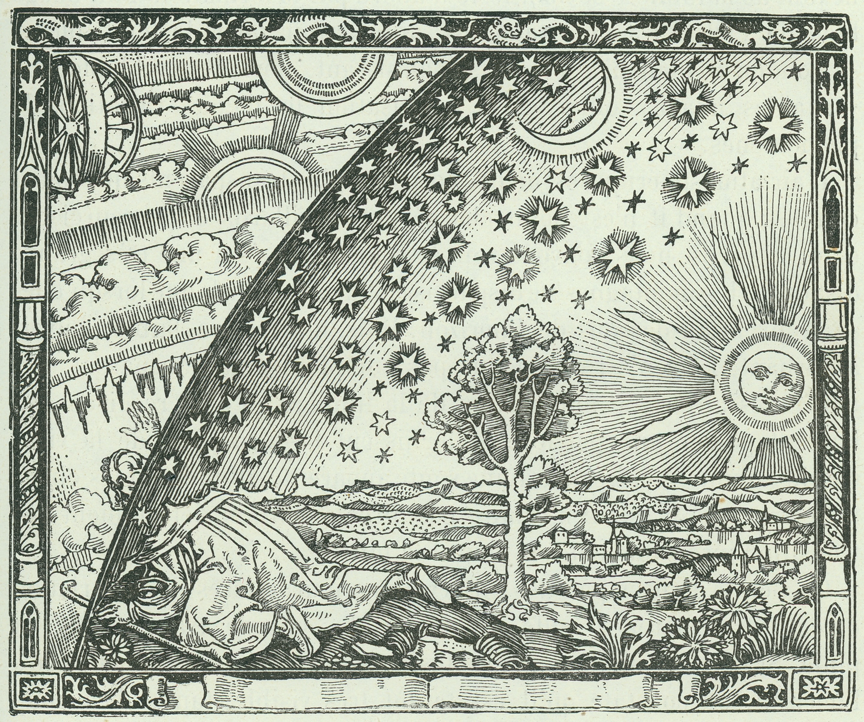 Historic woodcut of an astrologer observing the Sun, Moon, and stars across the celestial sphere