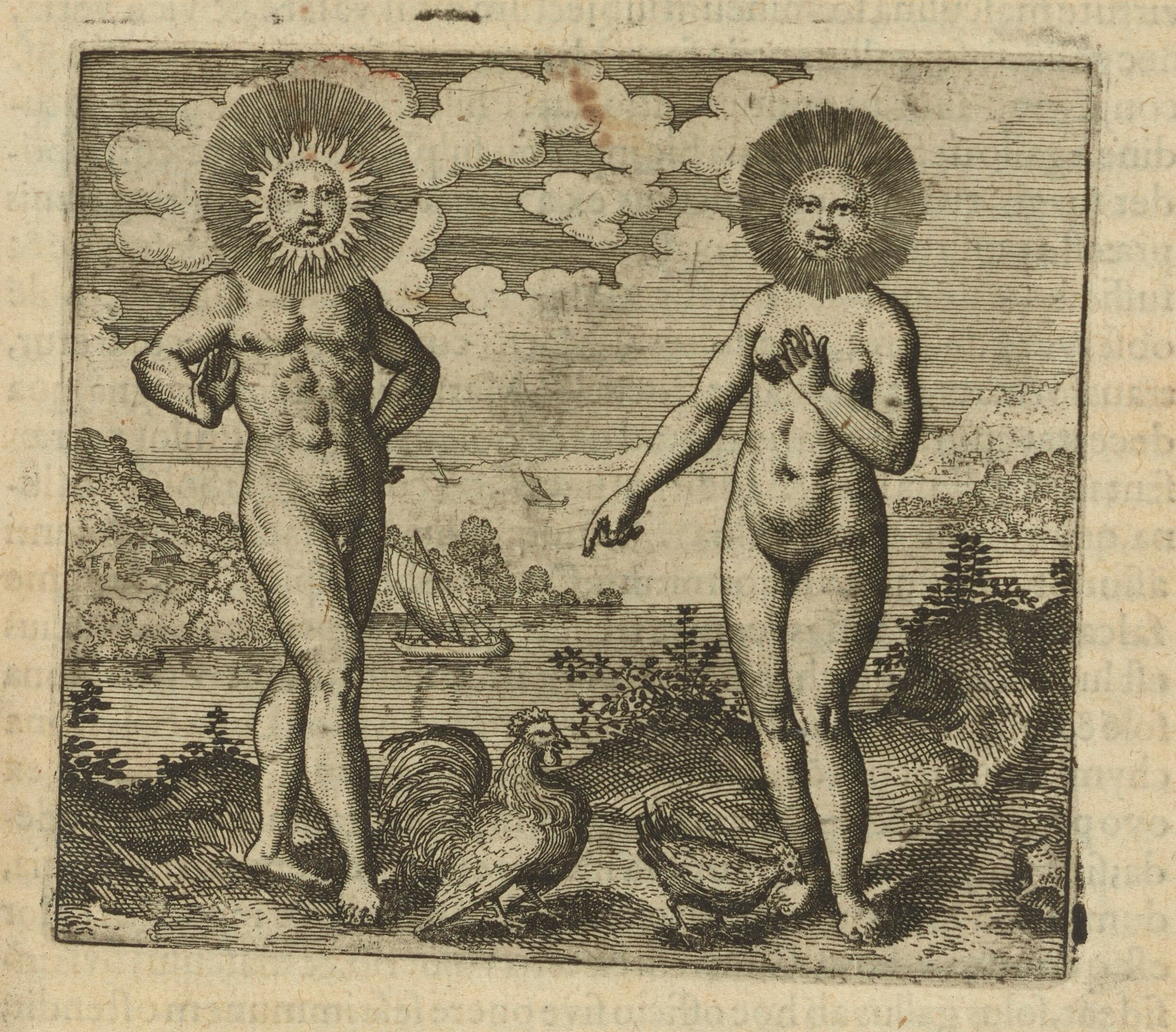 Early modern engraving of a man and woman standing beneath the personified Sun and Moon