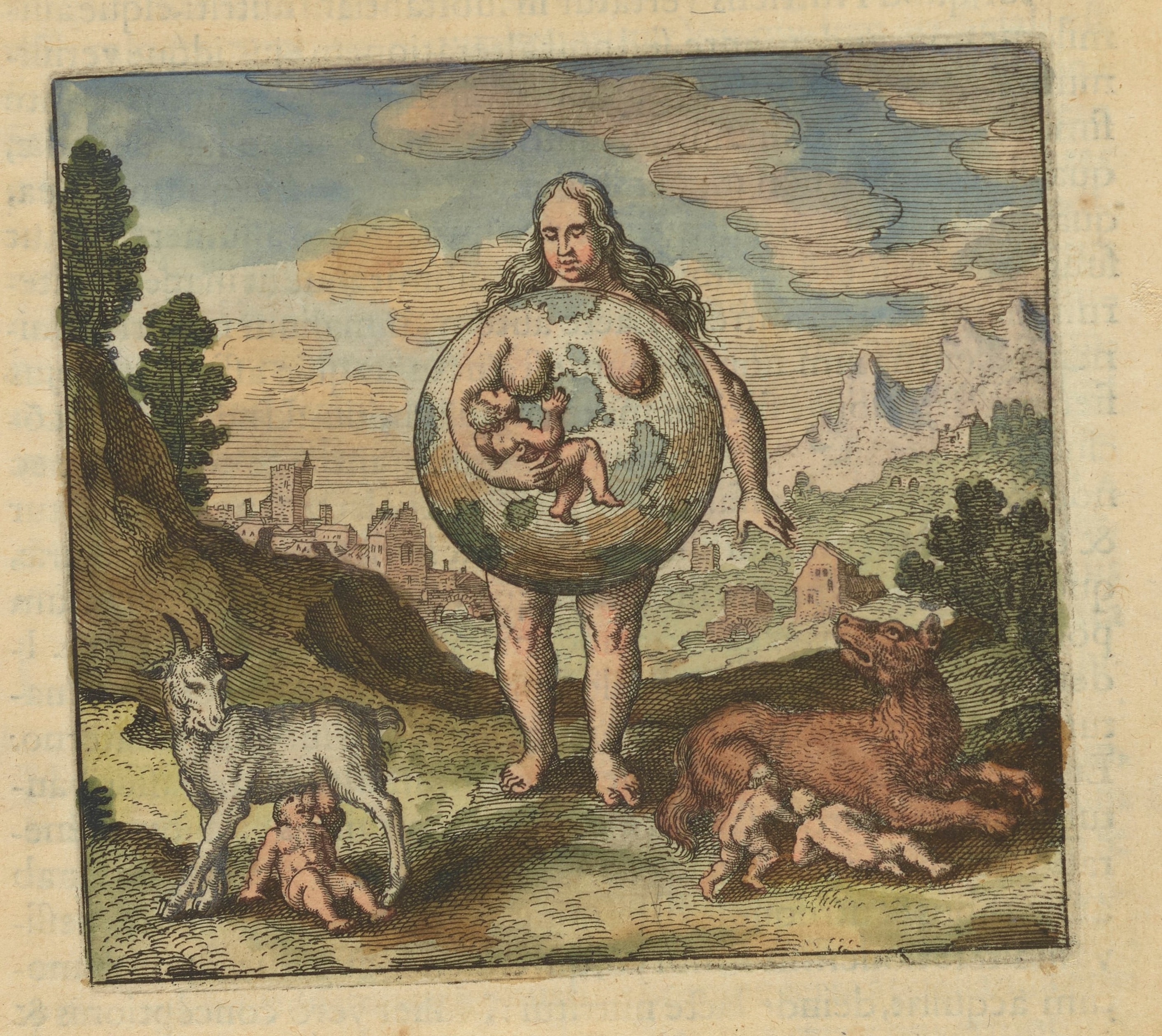 Early modern illustration of a woman personifying the Earth and holding children within a globe
