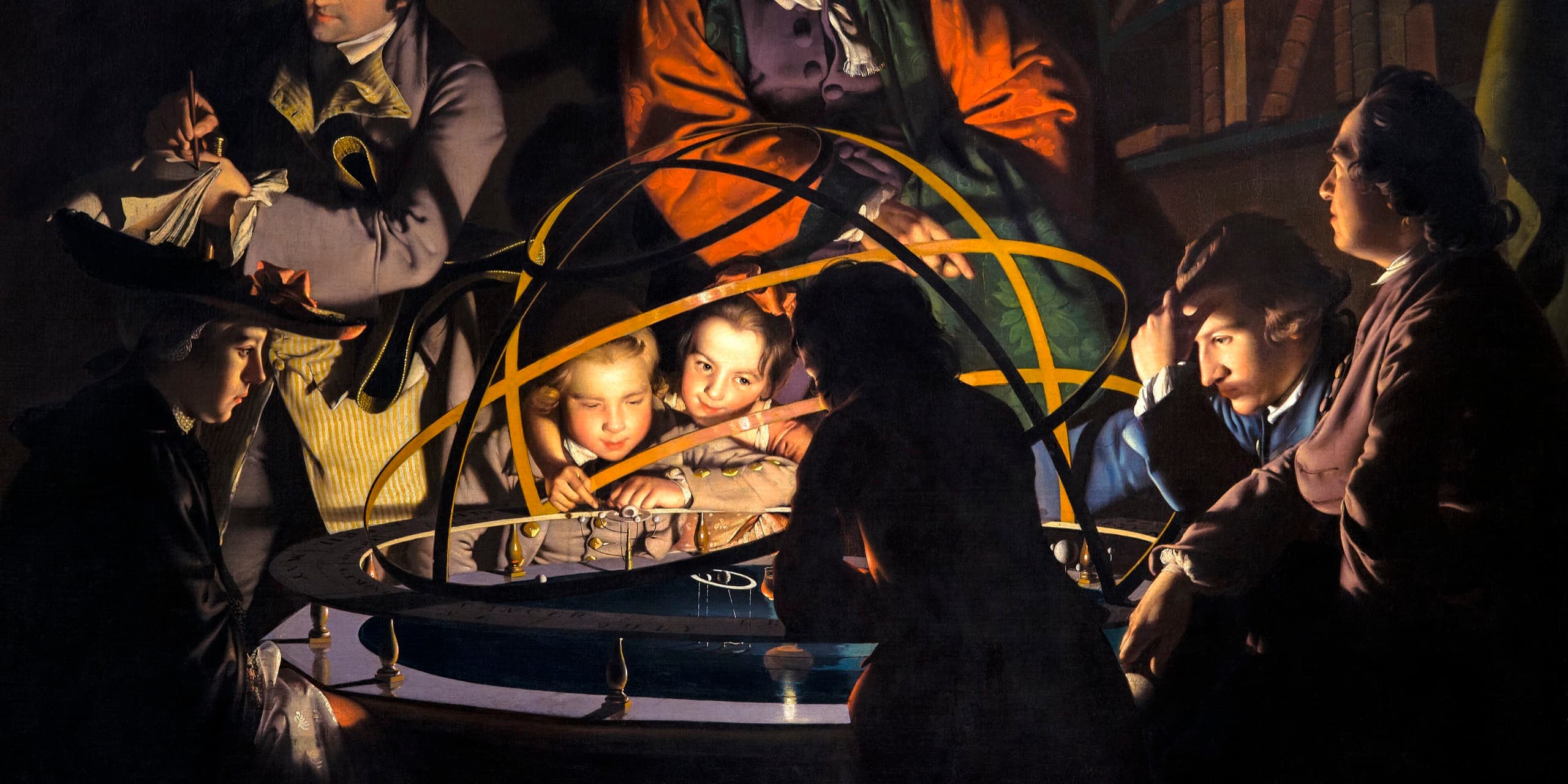 Wright of Derby's The Orrery — figures gathered in lamplight around a mechanical model of the solar system